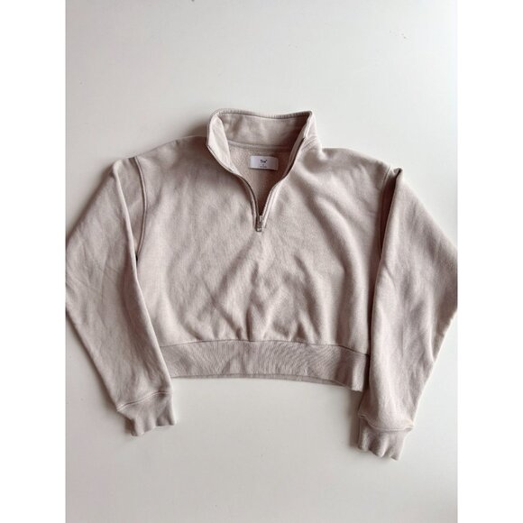 Aritzia TNA Cozy Fleece Beige Cotton 1/4 Zip Perfect Cropped Sweatshirt, Size S - Picture 5 of 16